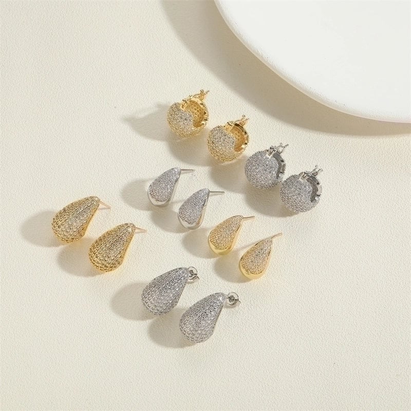 1 Pair Vintage Style Minimalist Commute Round Water Droplets Inlay Copper Zircon 14K Gold Plated Earrings Ear Studs