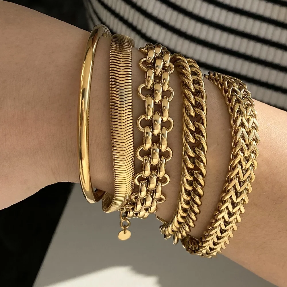 Punk Wide Mesh Wide Thick Belt Bracelet 16K Gold Plated Stainless Steel Cuban Snake Link Chain Bangle Bracelets