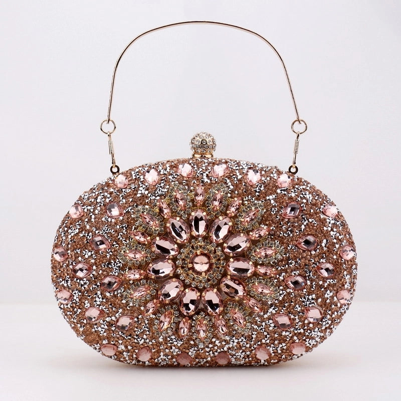 Red Green Blue Pu Leather Polyester Flower Rhinestone Oval Evening Bags