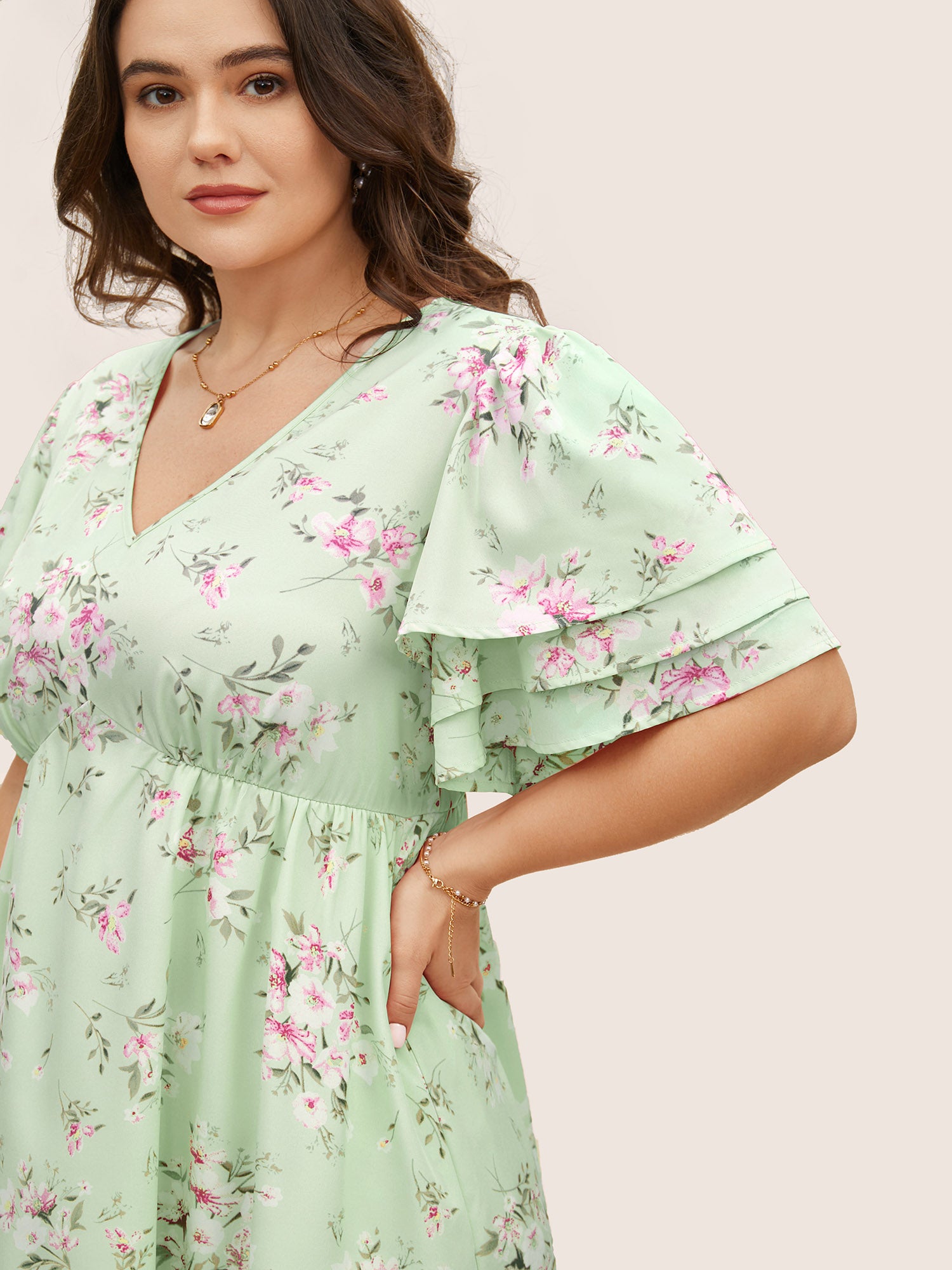 Floral Elastic Waist Tiered Ruffle Sleeve Dress