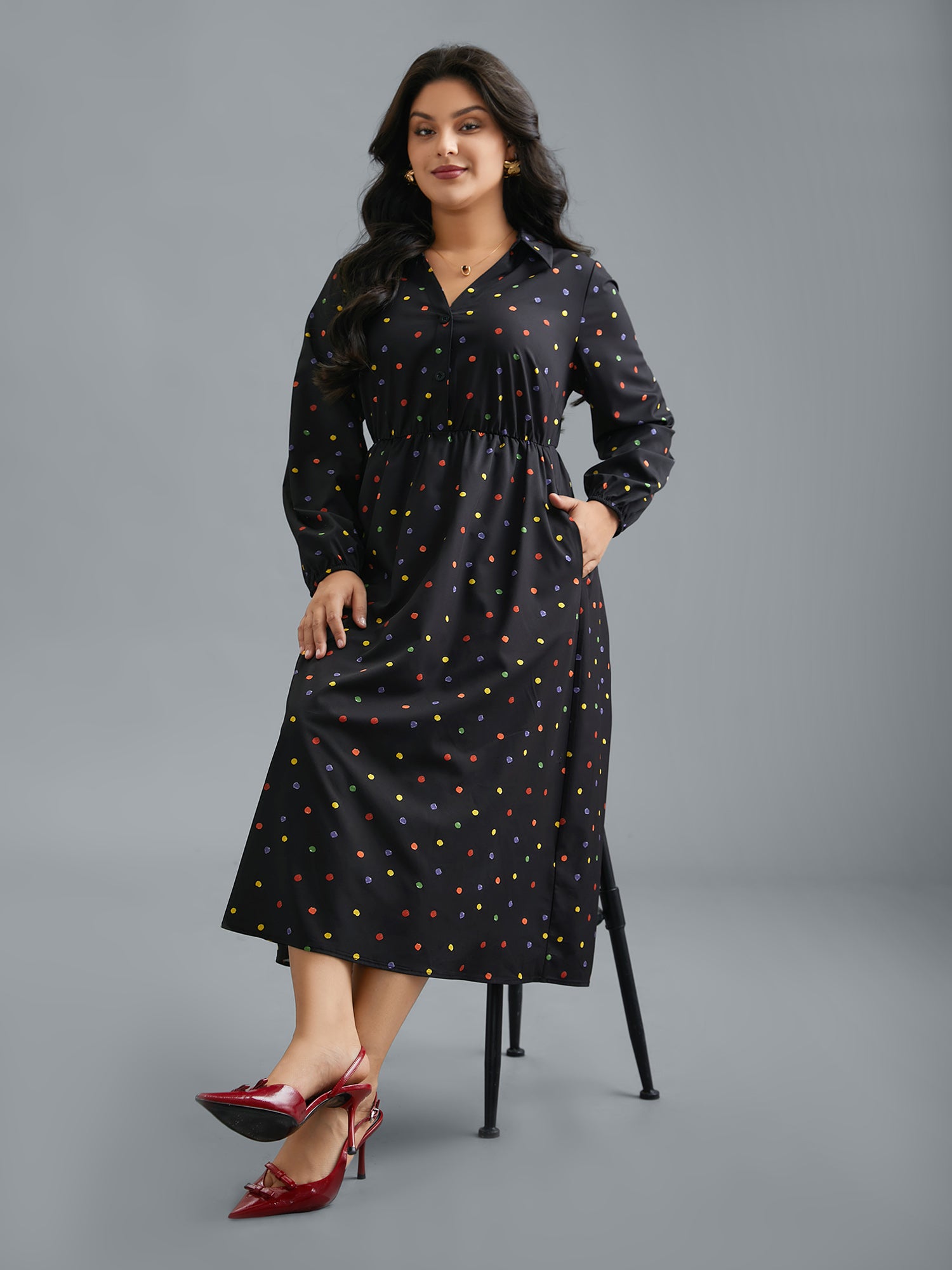 Shirt Collar Colored Polka Dot Dress