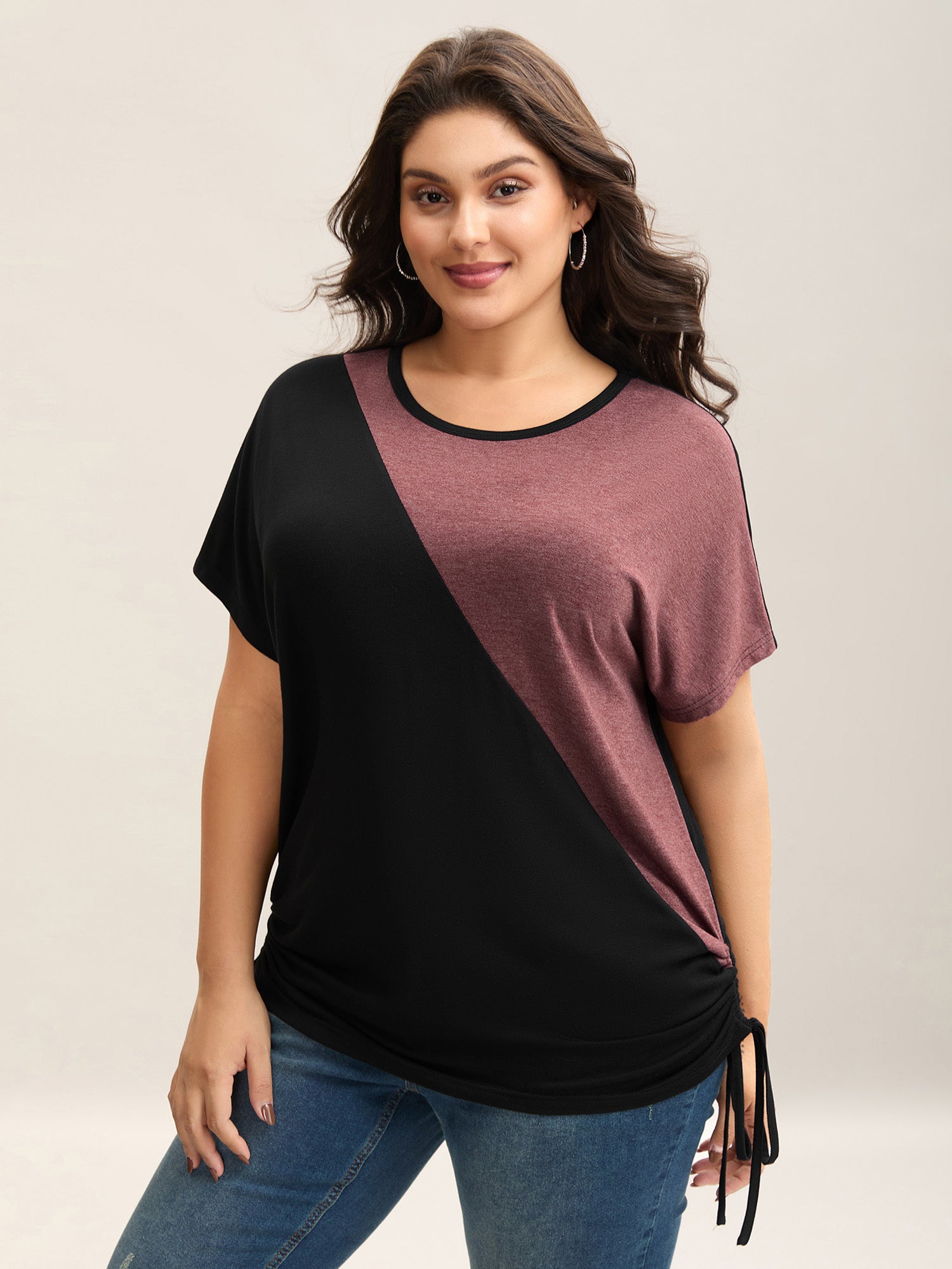 Color Block Ruched Drawstring T-Shirt