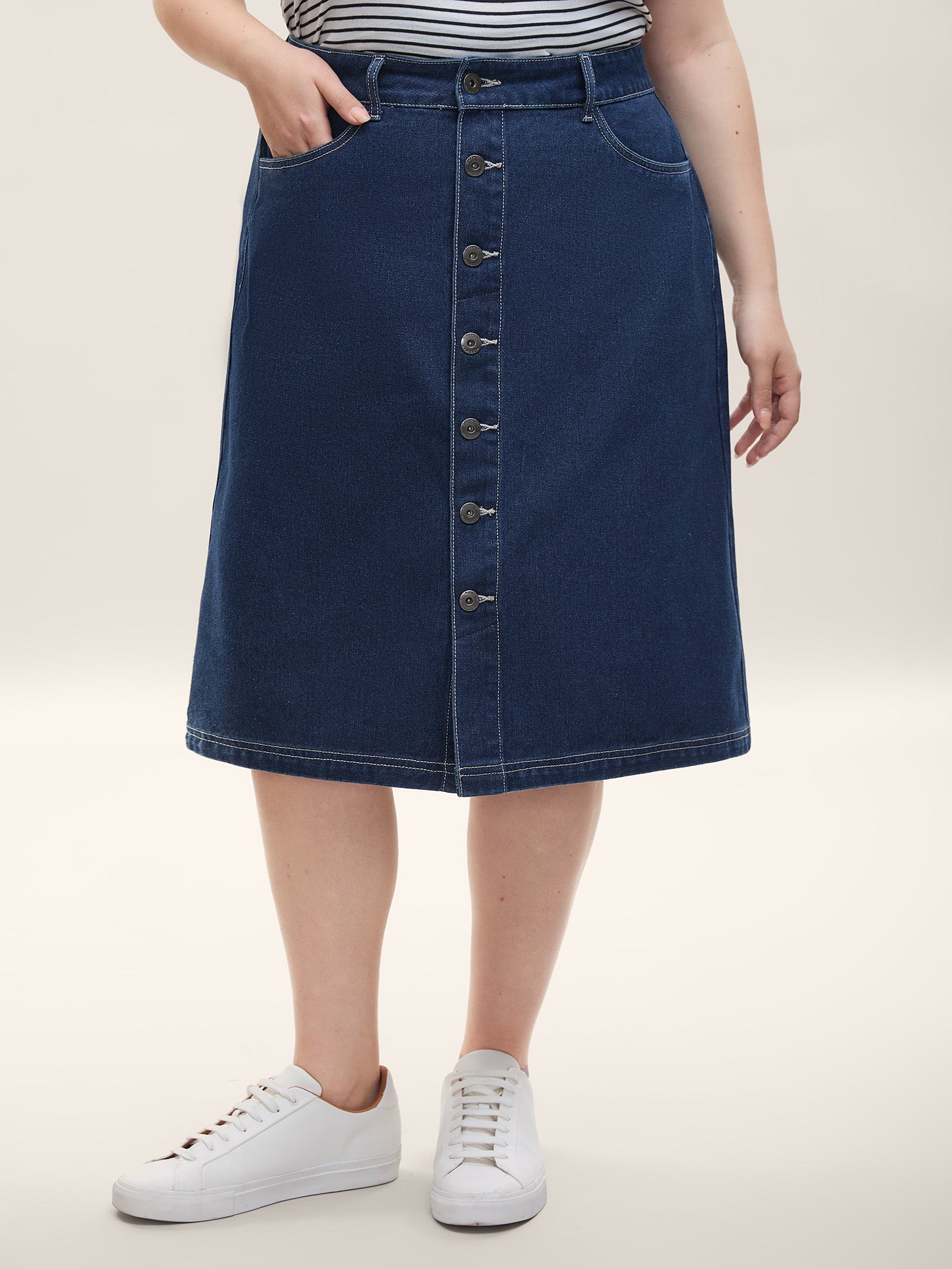Button Front Straight-Fit Denim Skirt