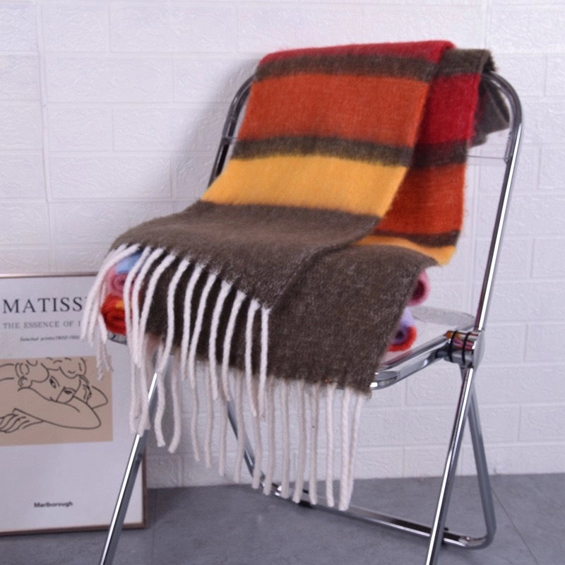 Gradient Horizontal Plaid Couple Scarf Mohair Scarf Winter Warm Thickened Lengthened Trendy White Scarf