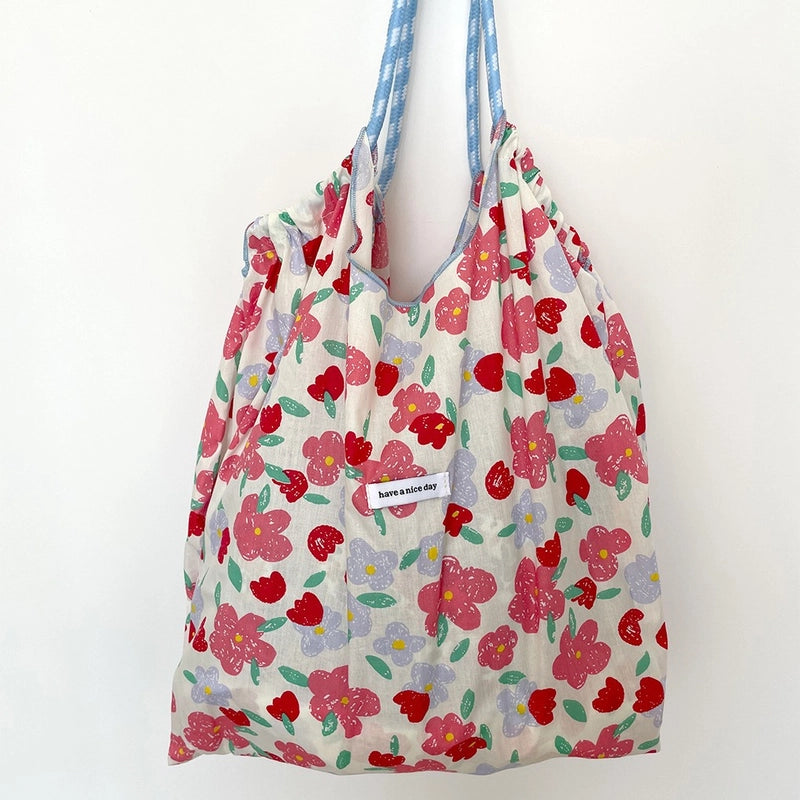 Women's Large Cotton Ditsy Floral Vintage Style Classic Style Bucket Open Tote Bag