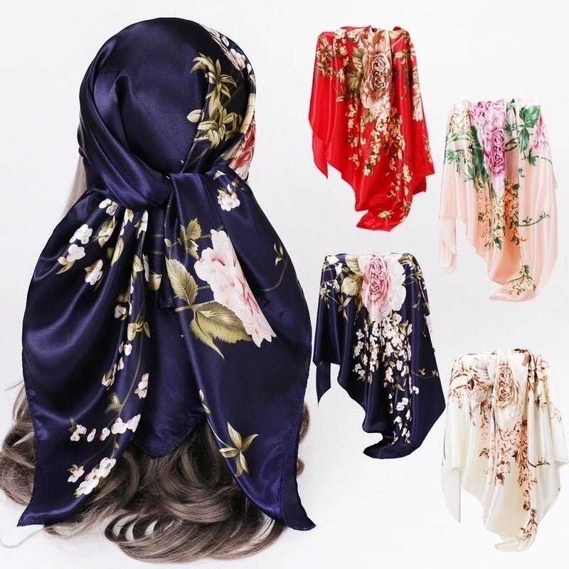 Women's Lady Flower Satin Printing Silk Scarf