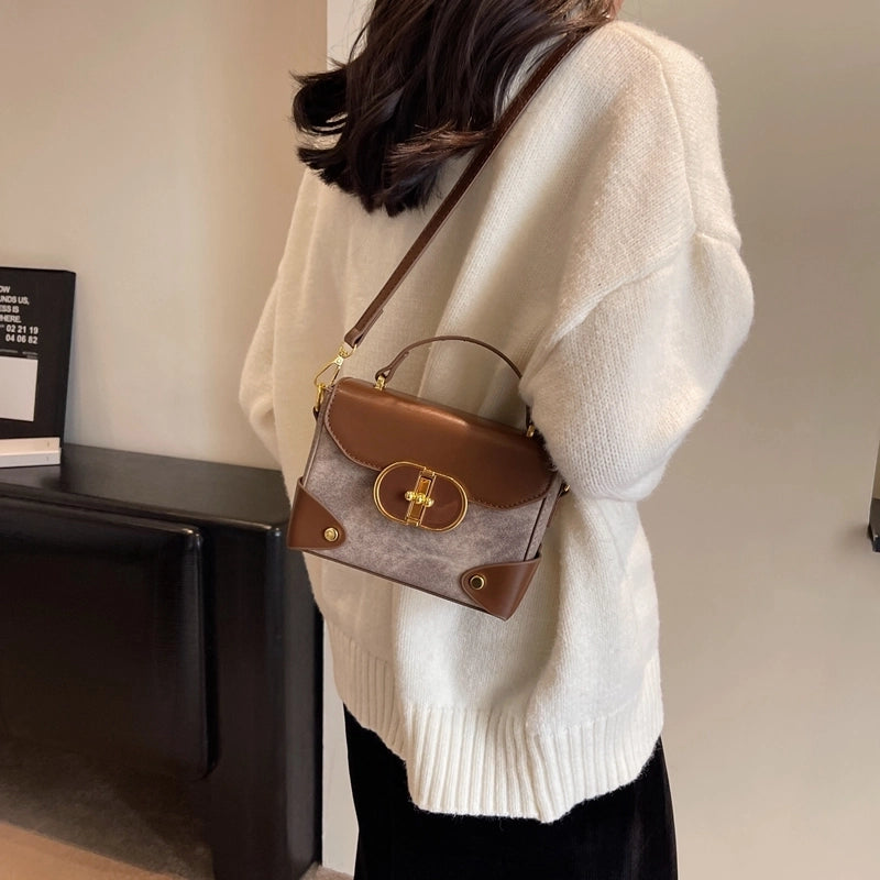 Women's Pu Leather Color Block Vintage Style Classic Style Streetwear Sewing Thread Metal Button Square Flip Cover Handbag Square Bag Box Bag