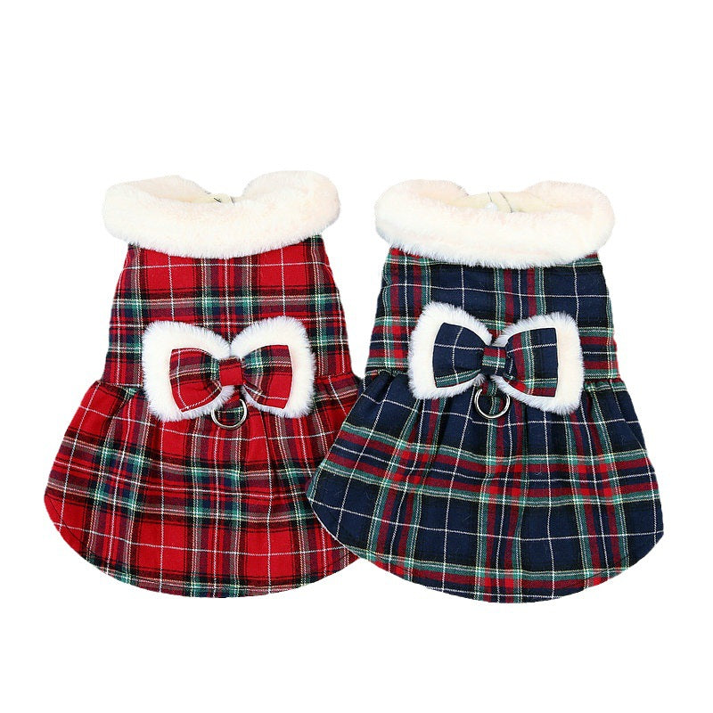 Plaid Fleece Bowknot Dog Harness Dress Coat