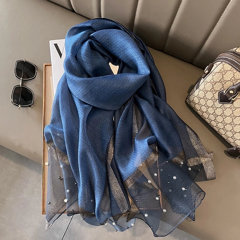 Women's Minimalist Color Block Satin Pearl Silk Scarf