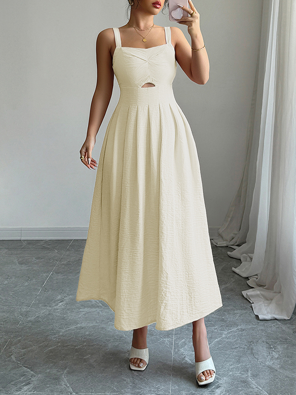 A-line High Waisted Backless Hollow Pleated Solid Color Zipper Spaghetti-Neck Midi Dresses