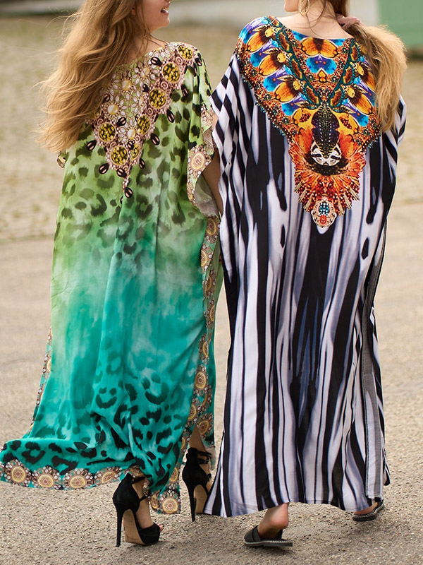 Batwing Sleeves Loose Printed Split-Side Striped V-Neck Beach Cover-Up Maxi Dresses