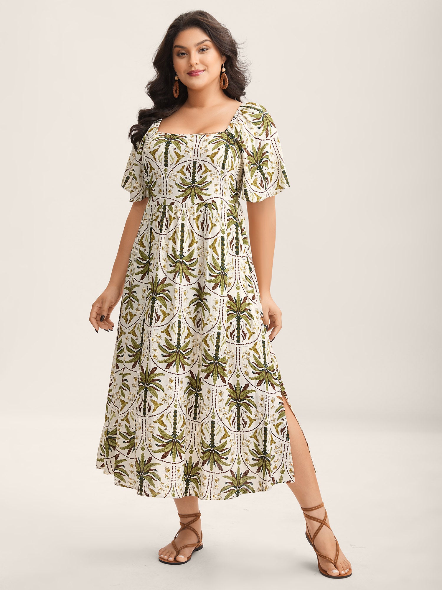 Tropical Print A-Line Slit Midi Dress