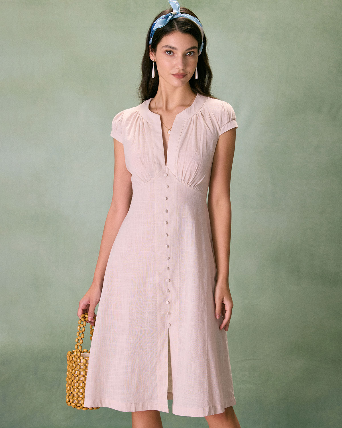 The Beige Cap Sleeve Split Hem Midi Dress