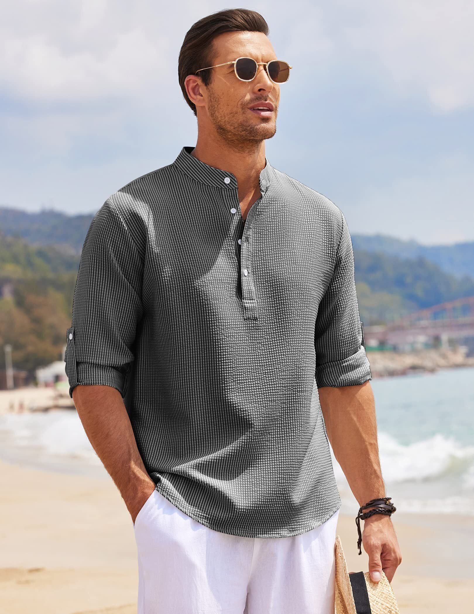 8-Pack Men's Linen Henley Shirt Long Sleeve Casual Hippie Cotton Beach T Shirts Vertical Striped Hawaiian Shirts