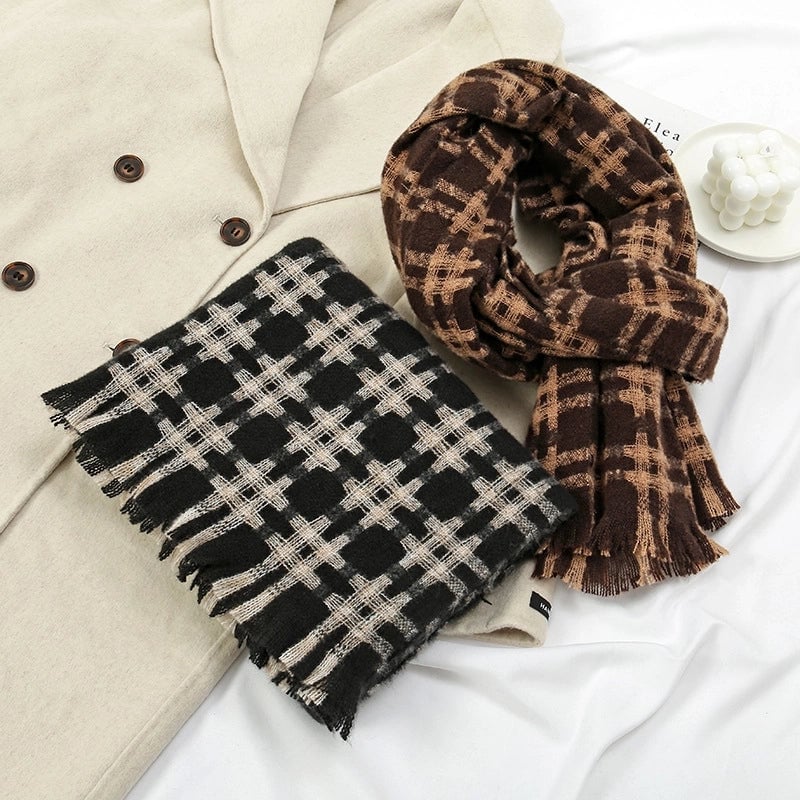 Tic Grid Striped Scarf Women's Winter High Sense  Warm Versatile Winter Bib Shawl Dual-Use