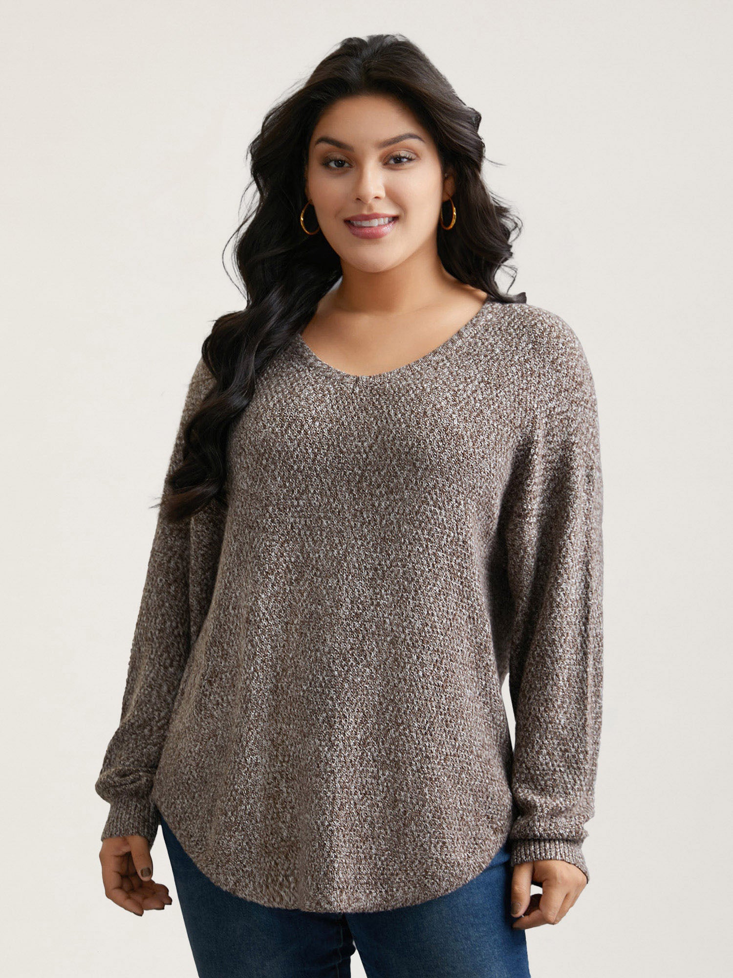 Textured V-Neck Curved Hem Pullover