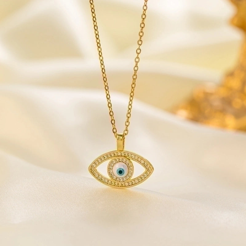 304 Stainless Steel 18K Gold Plated Vintage Style Minimalist Inlaid Zircon Eye Artificial Rhinestones Resin Pendant Necklace