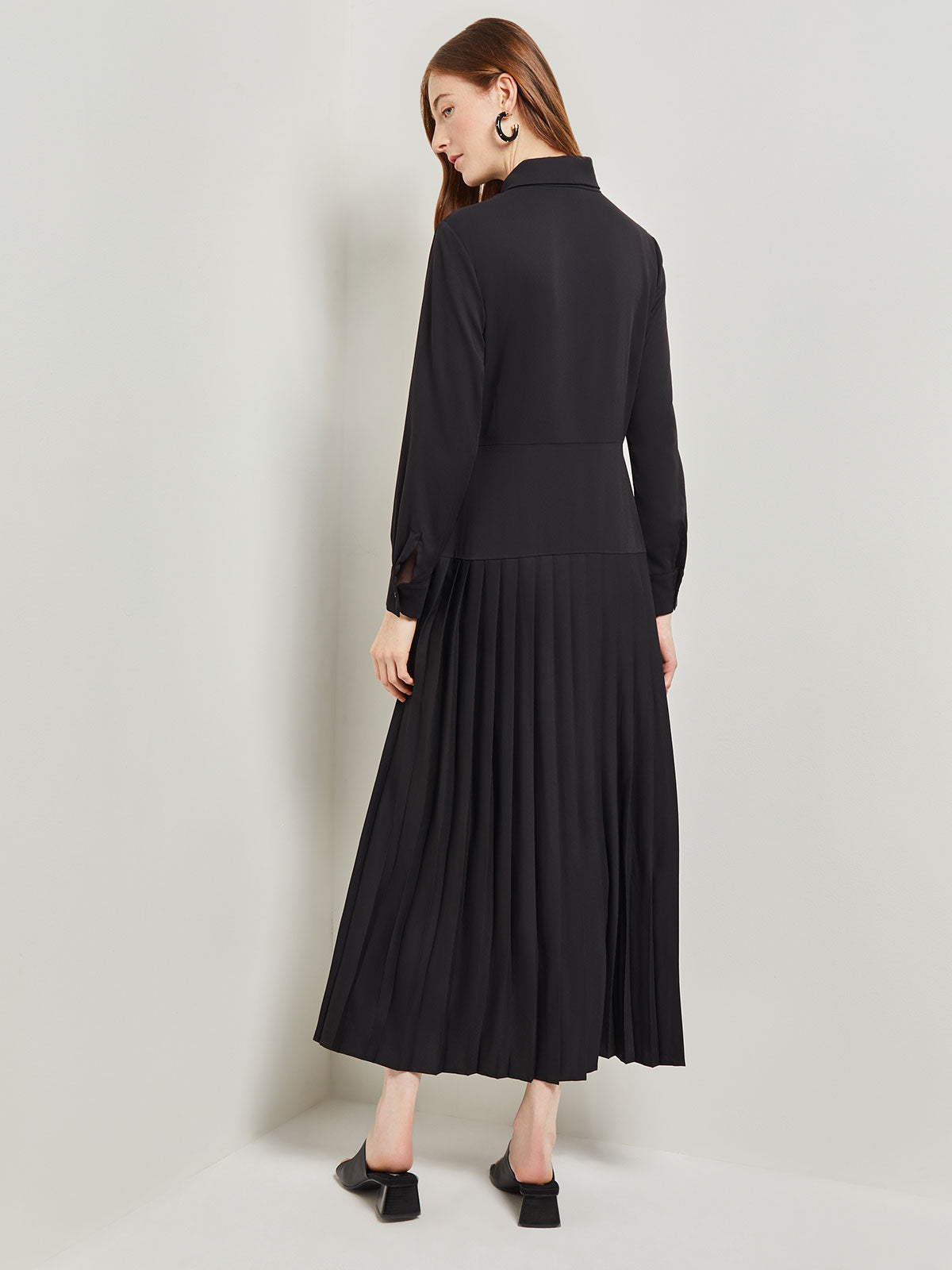 Tie Neck Pleated A-Line Maxi Dress, Black