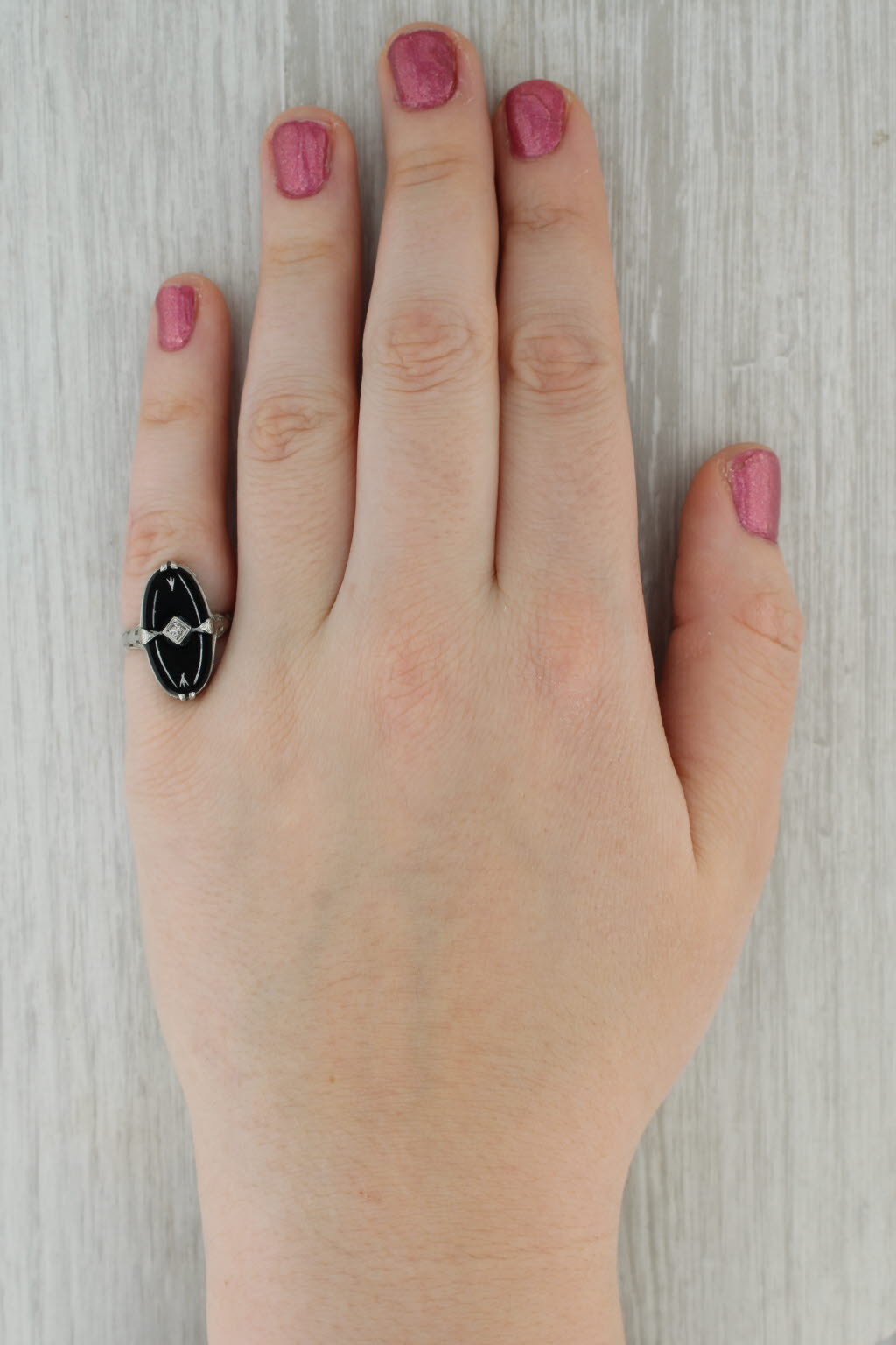 Vintage Onyx Diamond Filigree Ring 14k White Gold Size 5.25