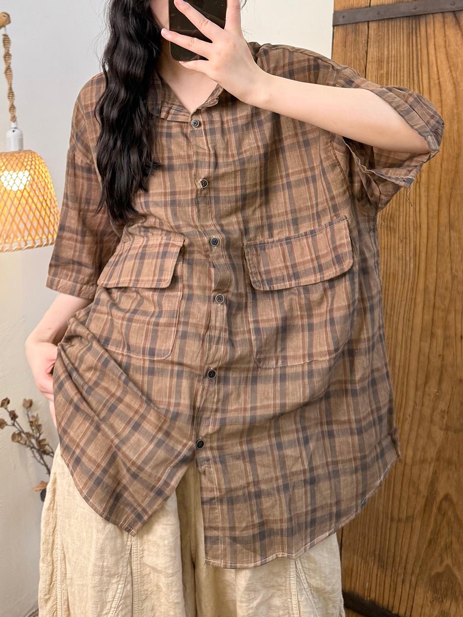 Women Summer Retro Plaid Turn-down Collar Shirt