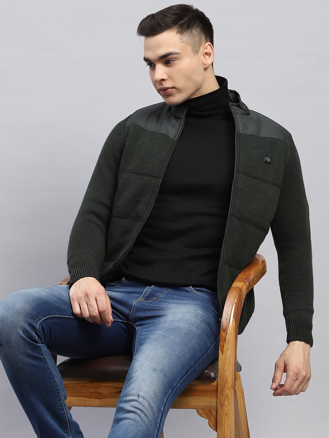 Men Green Self Design Mock Neck Full Sleeve Jacket