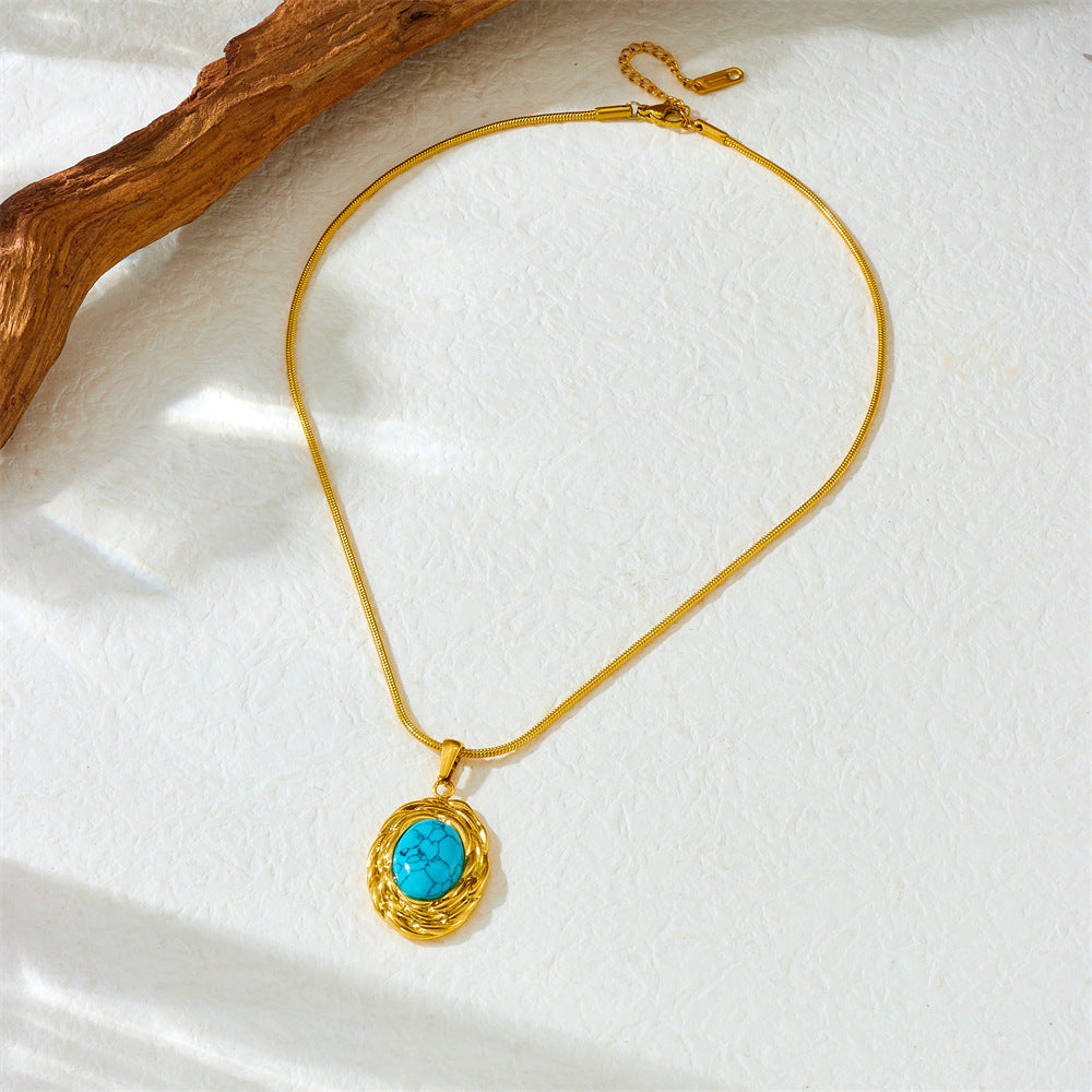 Vintage Oval Blue Turquoise Geometric Pendant Snake Bone Chain Stainless Steel Gold-Plated Necklace