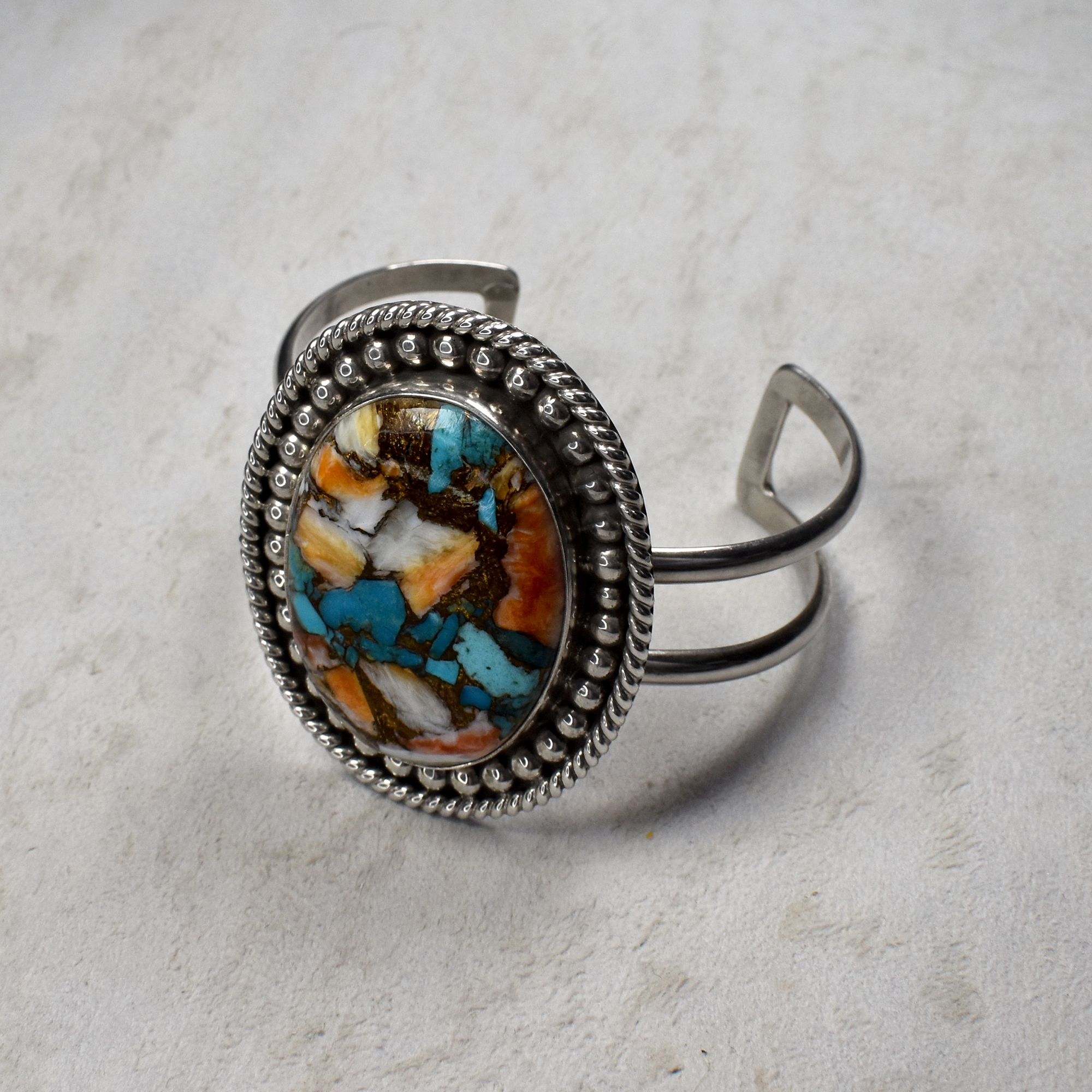 Kingman Turquoise. Spiny Oyster & Brass Composite Cuff by Raquel & Leonard Hurley