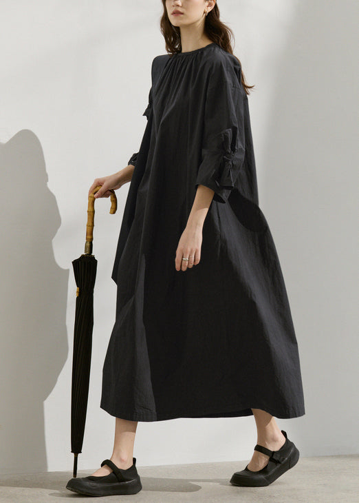 Fashion Black O Neck Bow Loose Cotton Dress Summer