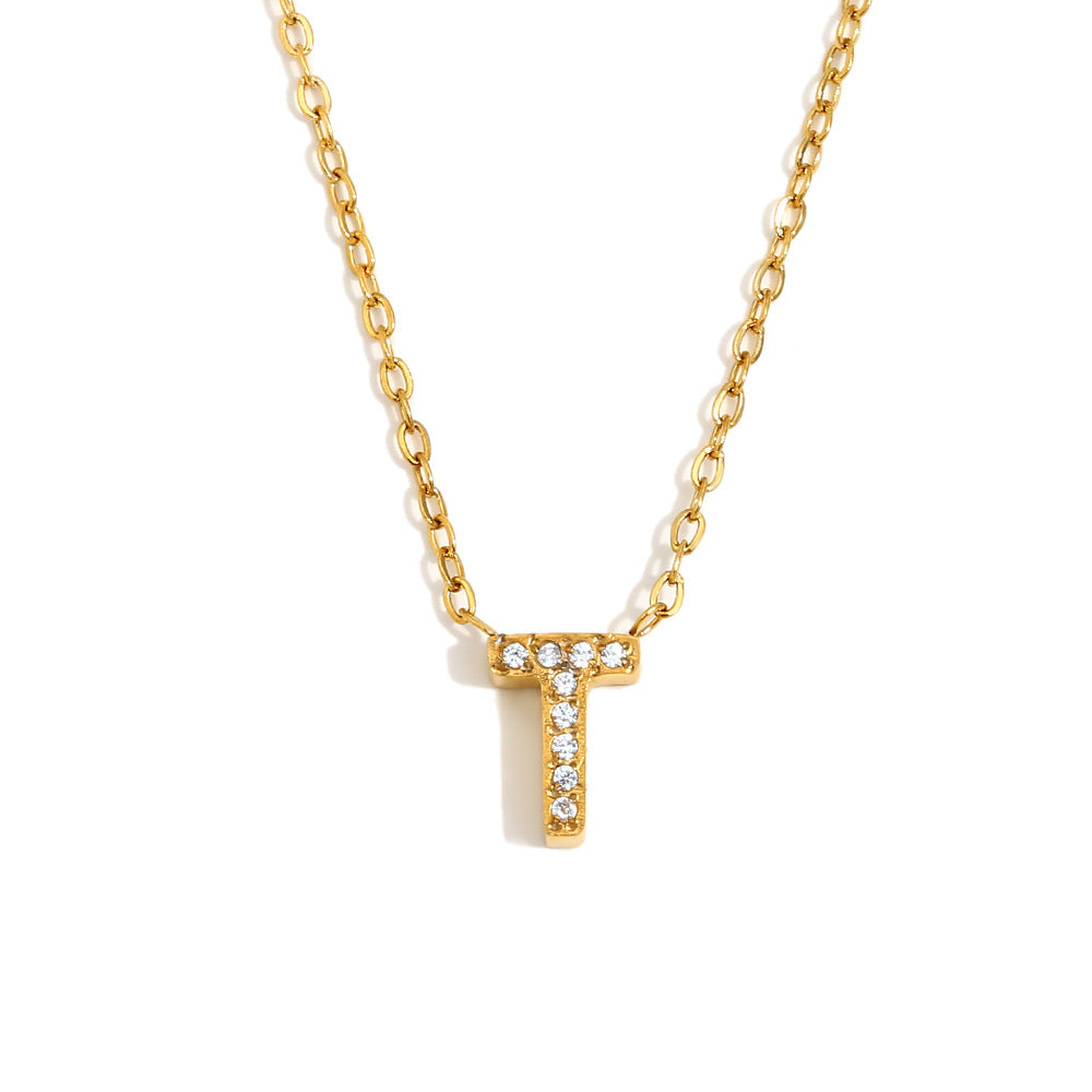 Fashionable And Simple 26 English Letter Pendant Stainless Steel Plated 18K Gold Diamond Small Letter Necklace For Women