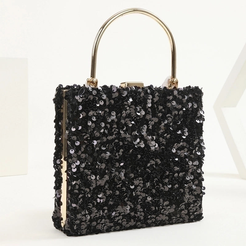 Black Colour Gold Polyester Solid Color Sequins Square Evening Bags