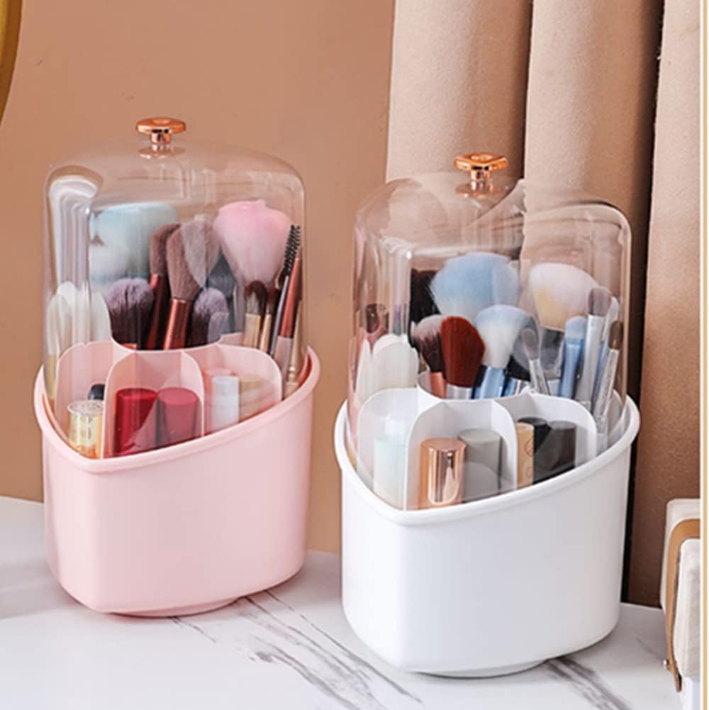 Rotating Makeup Brush Holder Organizer With Lid. Make Up Brushes Container With Acrylic Cover