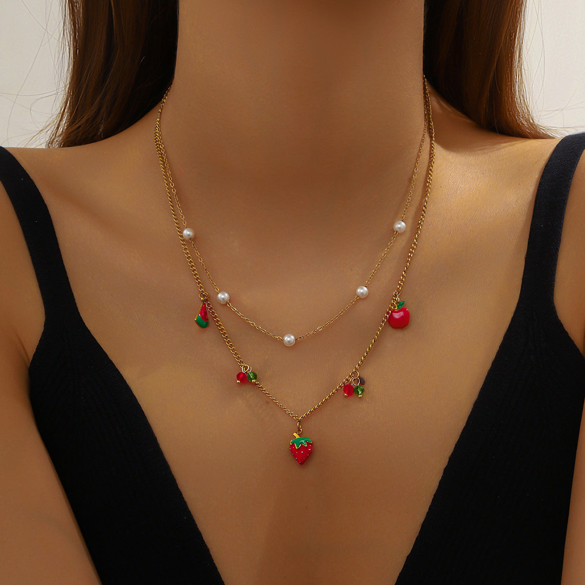 Fashion Cartoon Fruit Series Three-Dimensional Design Red Oil Drop Strawberry Cherry Apple Pendant Necklace