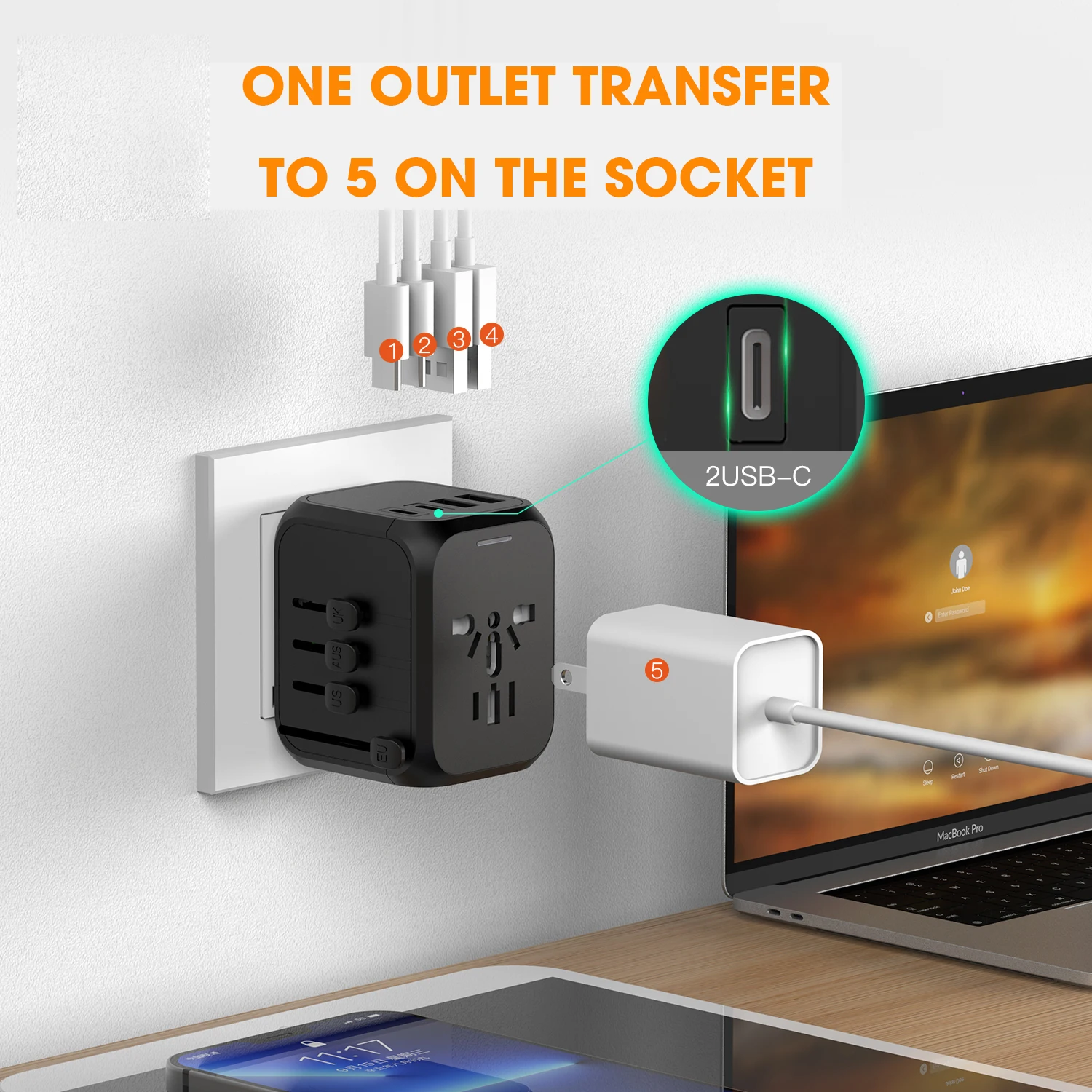 All in One Universal Travel Plug Adapter with Dual USB A and C Ports Worldwide Compatible with USA EU UK AUS Socket