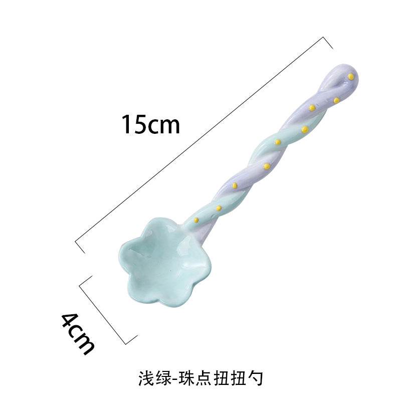 Ceramic Long Handle Spoon Household Spoon High-looking Cute Style Mixing Spoon Coffee Spoon Girl Heart Spoon