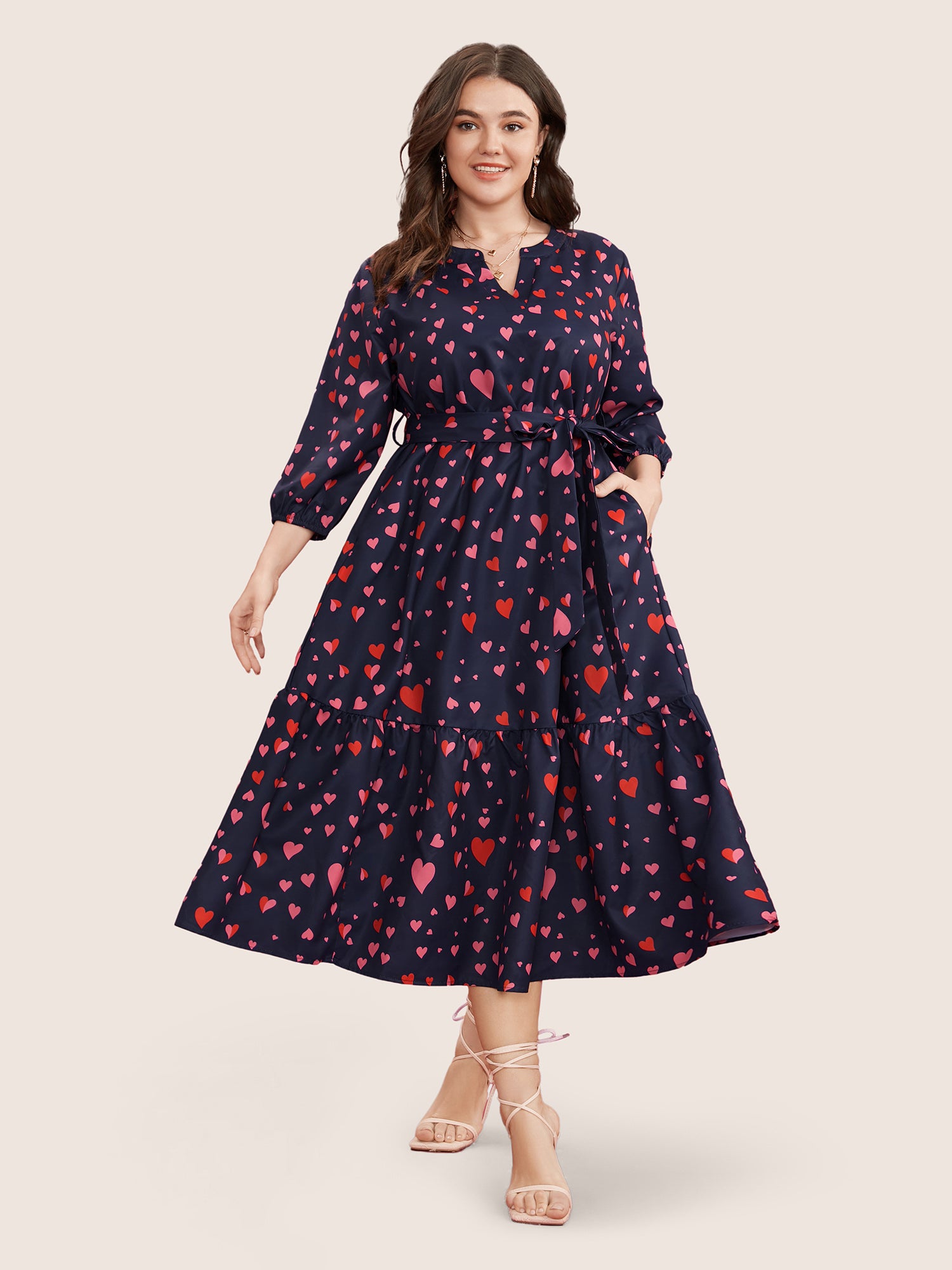 Heart Print V Neck Pocket Belted Lantern Sleeve Ruffles Dress