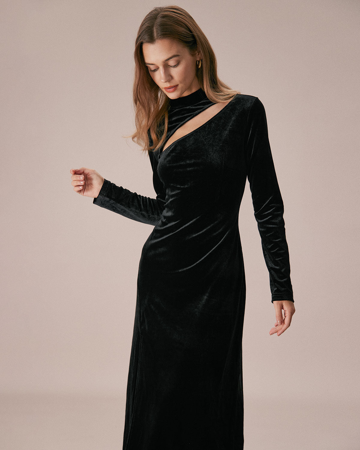 The Black Mock Neck Velvet Slit Maxi Dress