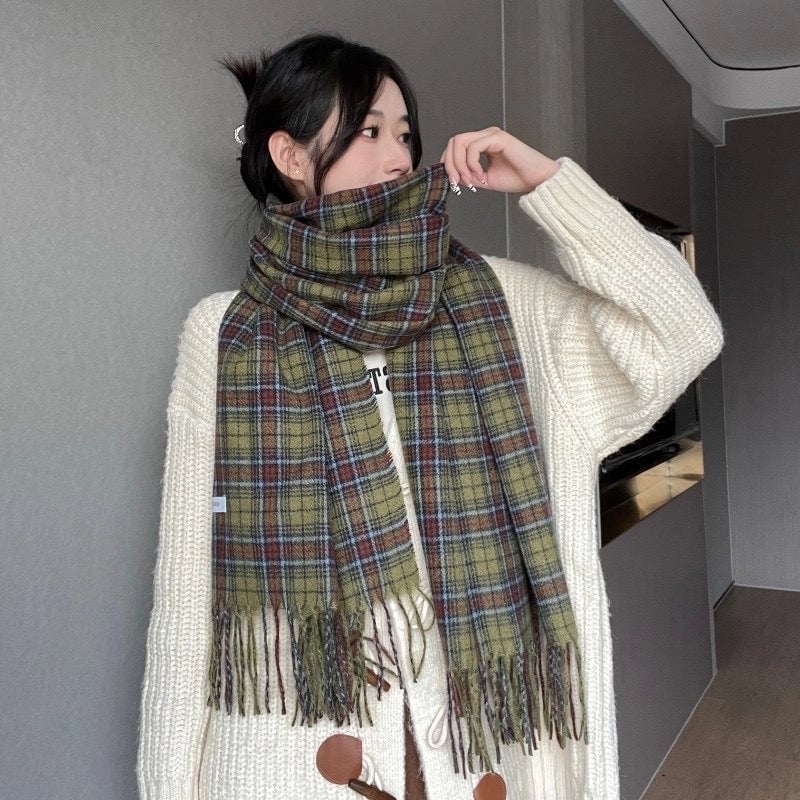 Autumn And Winter Vintage Forest Green Plaid Tassel Scarf Lengthened Warm Student Shawl Couple Scarf