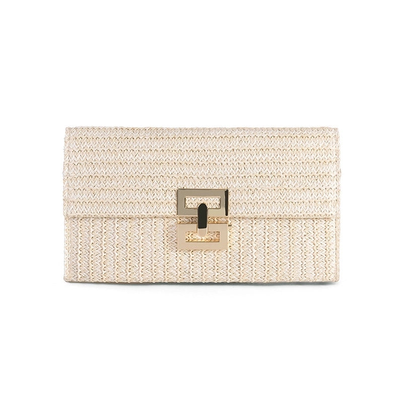 Women's Small Straw Stripe Ethnic Style Weave Square Lock Clasp Straw Bag
