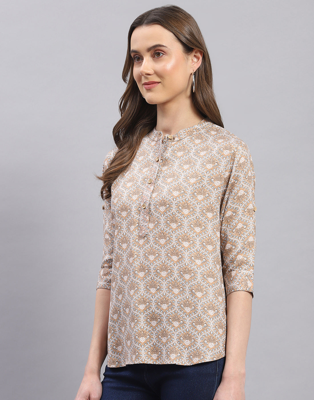 Women Brown Printed Mandarin Collar 3/4 Sleeve Top