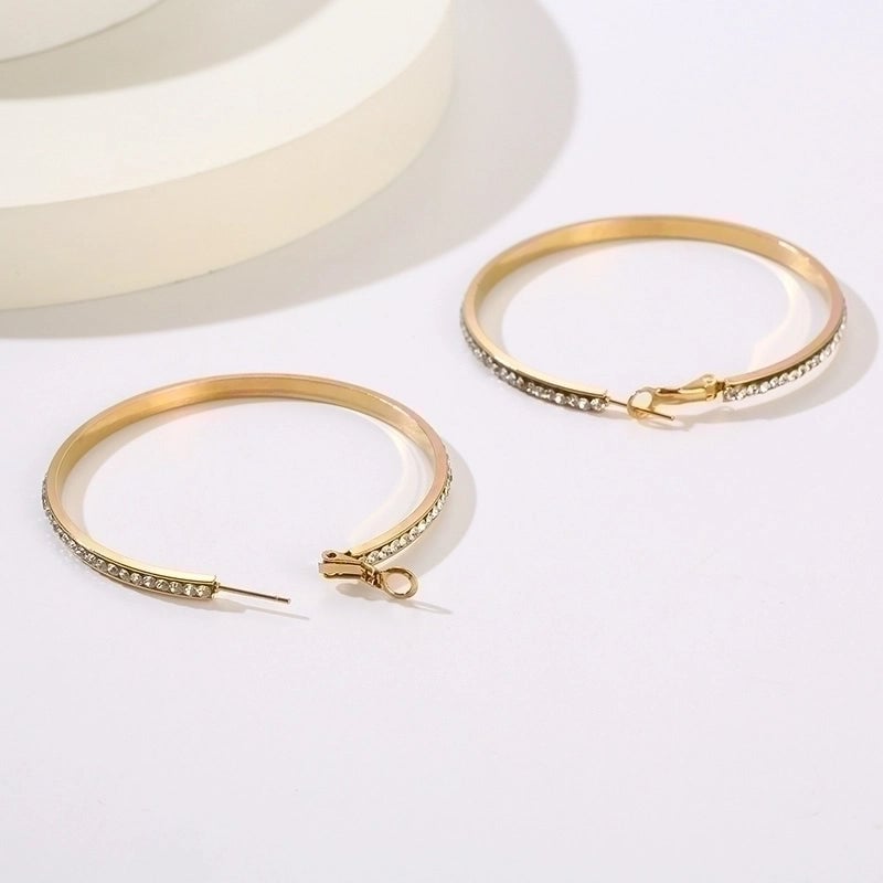 1 Pair Bridal Shiny Solid Color Plating Inlay Stainless Steel Artificial Diamond 18K Gold Plated Hoop Earrings