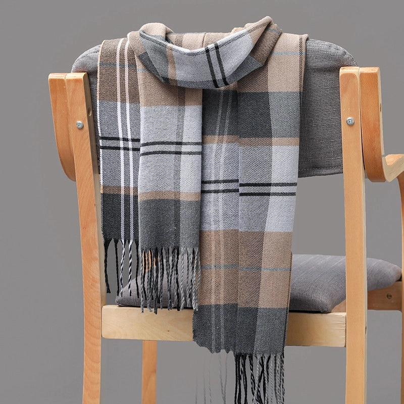 Autumn And Winter Men's Plaid Scarf British Plaid Cashmere Tassel Couple Parent-child Men's Scarf