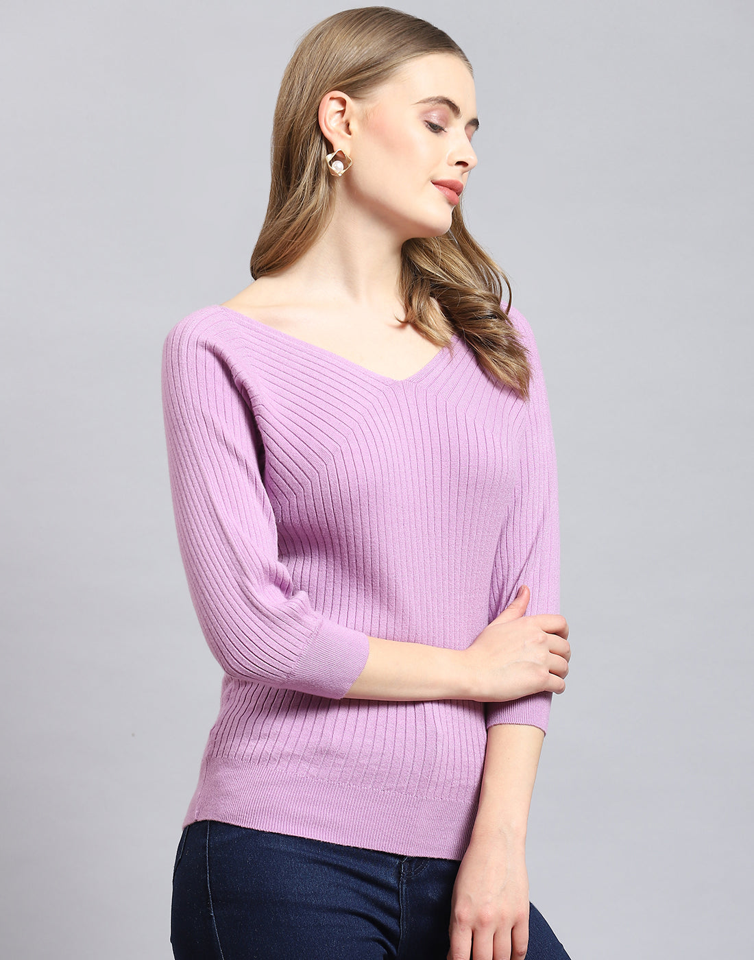 Women Purple Solid V Neck 3/4 Sleeve Top