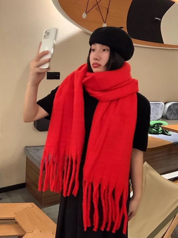 Plaid Tassel Mohair Scarf Women's Spring Students Travel Fashionable Sticker Casual Scarf