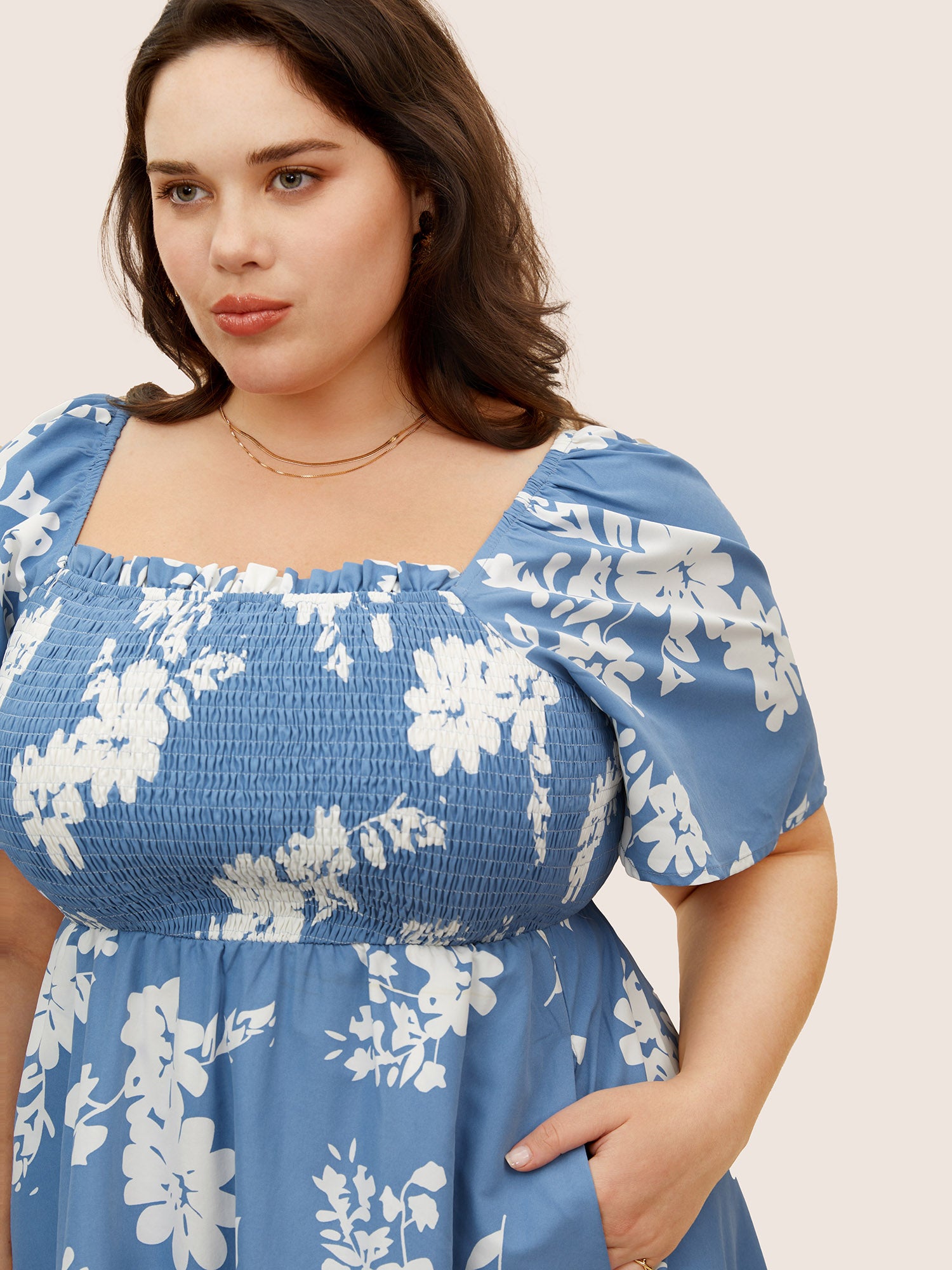 Silhouette Floral Print Shirred Square Neck Dress