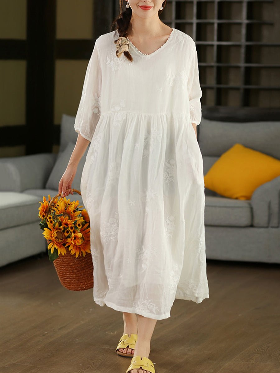 Women Summer Artsy Embroidery O-Neck 100%Ramie Dress