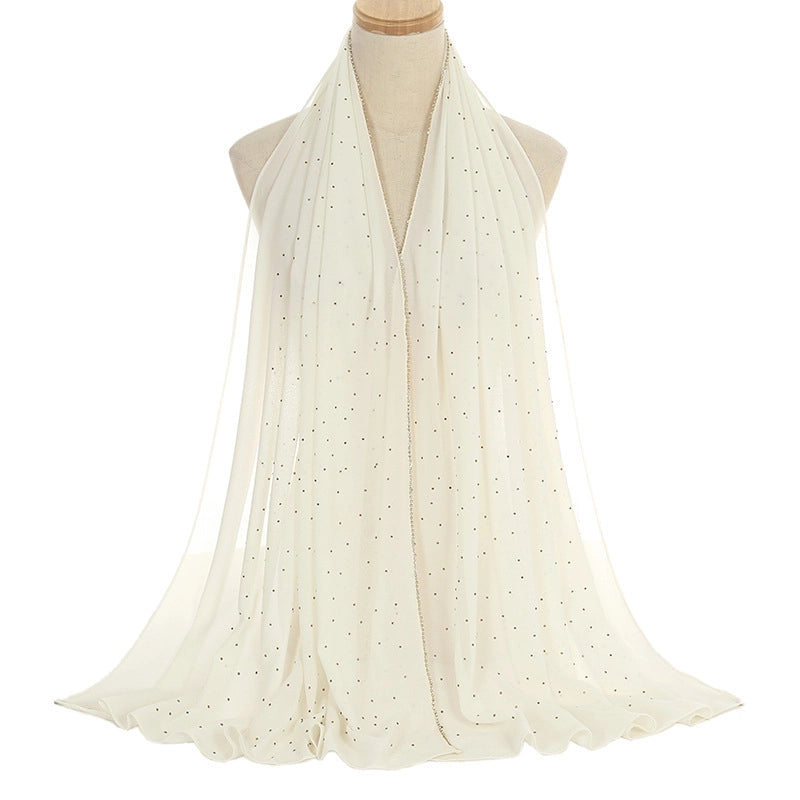 New Rhinestone Chain Pearl Chiffon Long Scarf Casual Diamond Headscarf Scarf Scarf Women's Scarf