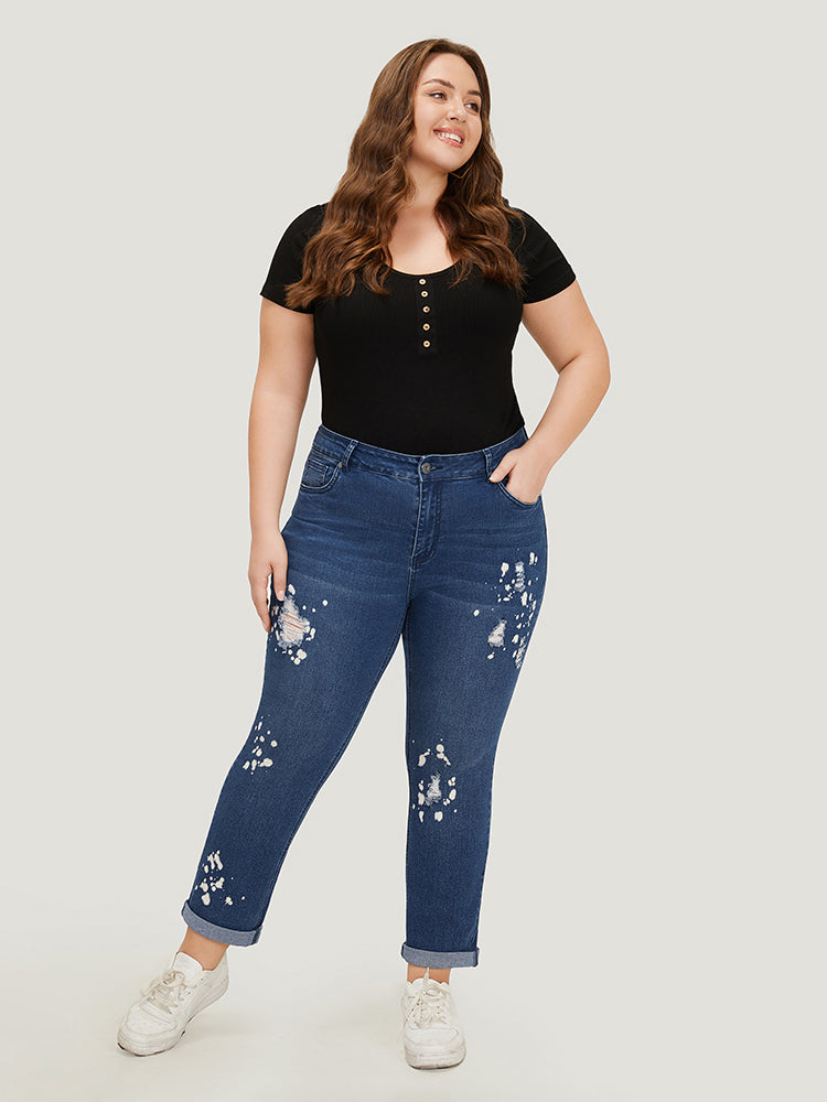 Paint Splatter Roll Distressed Medium Wash Jeans