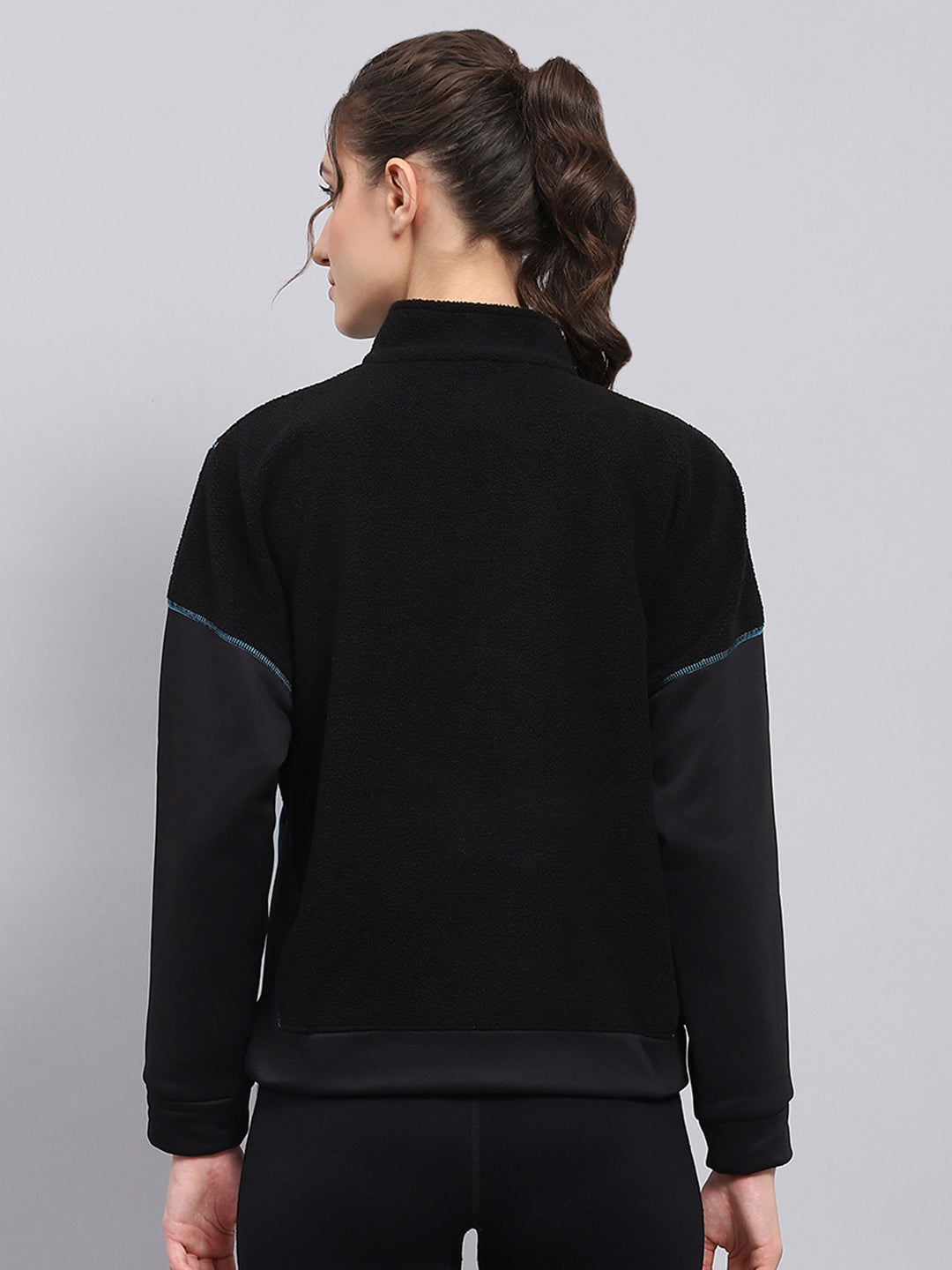 Women Black Solid Mock Neck Full Sleeve Sweatshirt