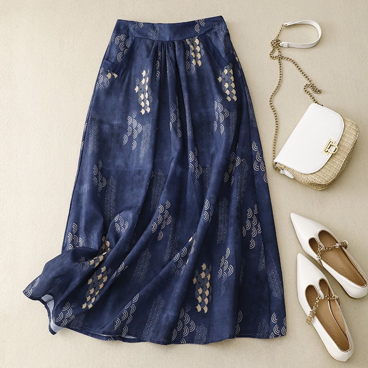 Navy Print Pockets Elastic Waist Cotton Skirt Summer