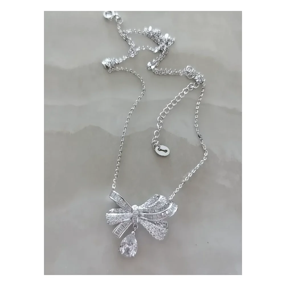 Bow knot water drop necklace 925 sterling silver light luxury diamond pendant collarbone chain